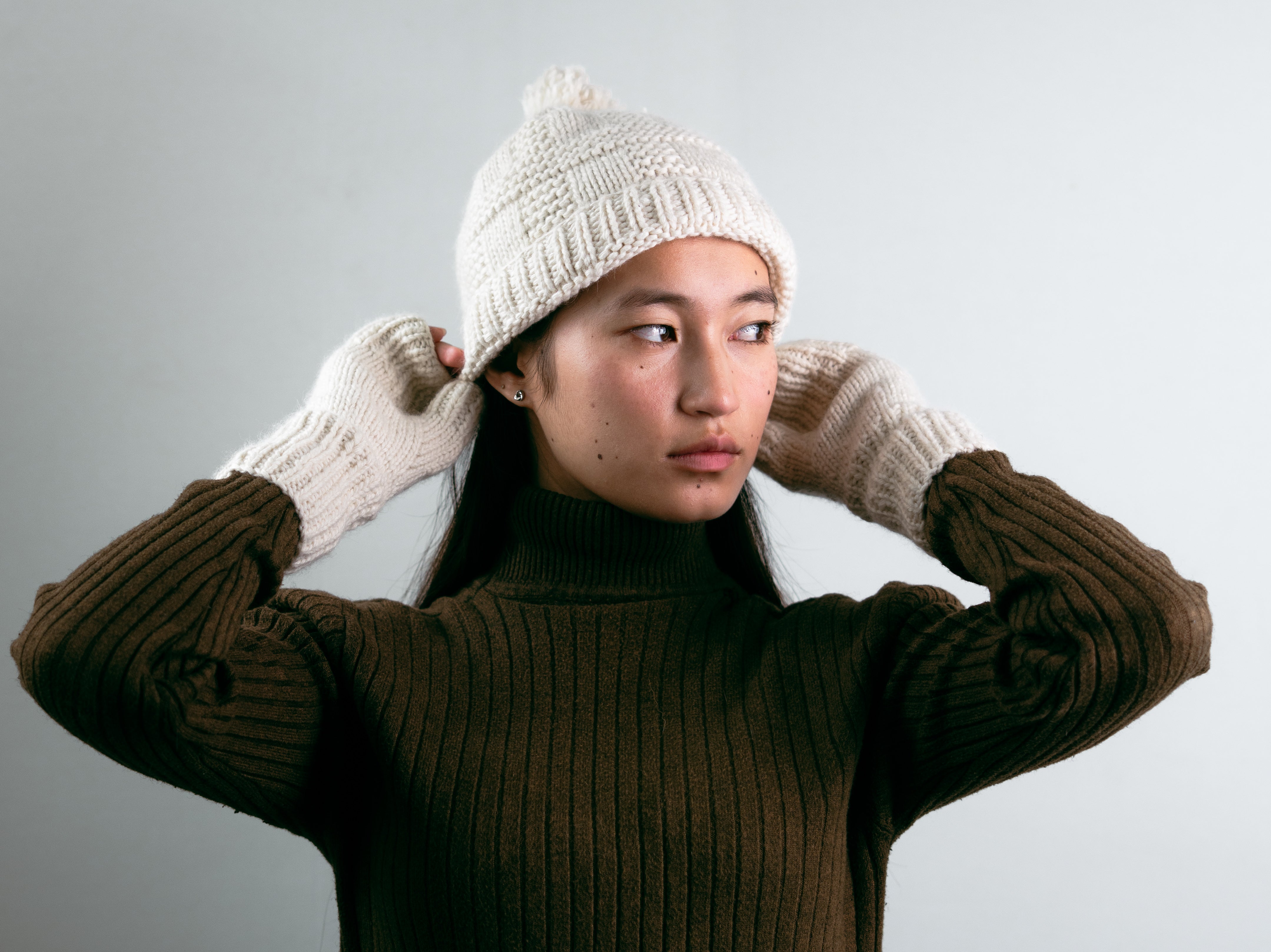 Hand Knitted Angora Bennies with Pompom